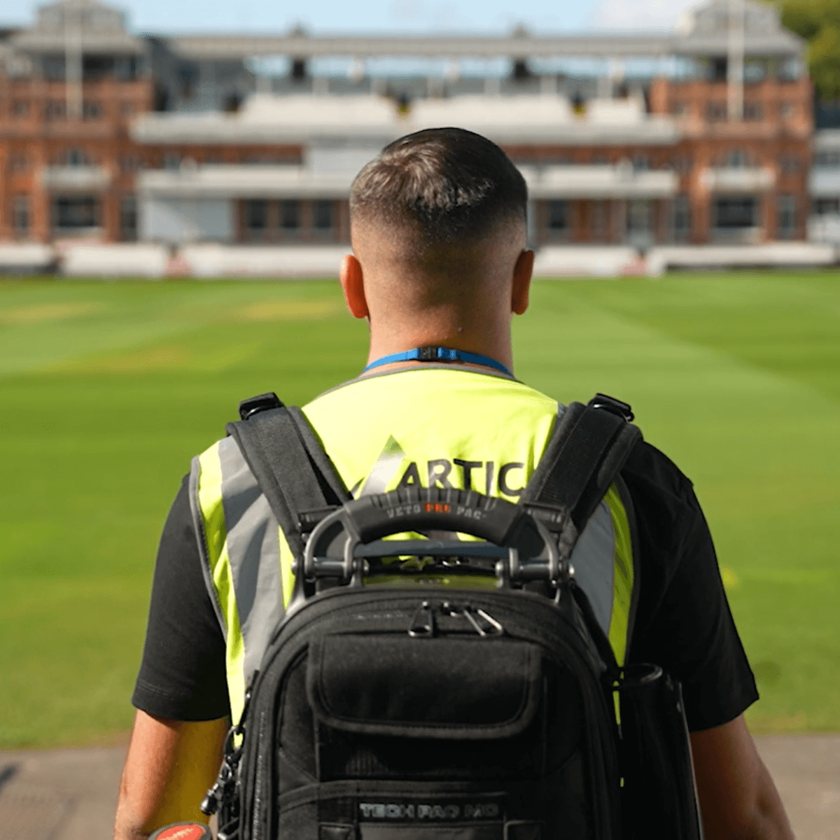 The back of an Artic engineer, facing the grounds of Lord cricket ground,