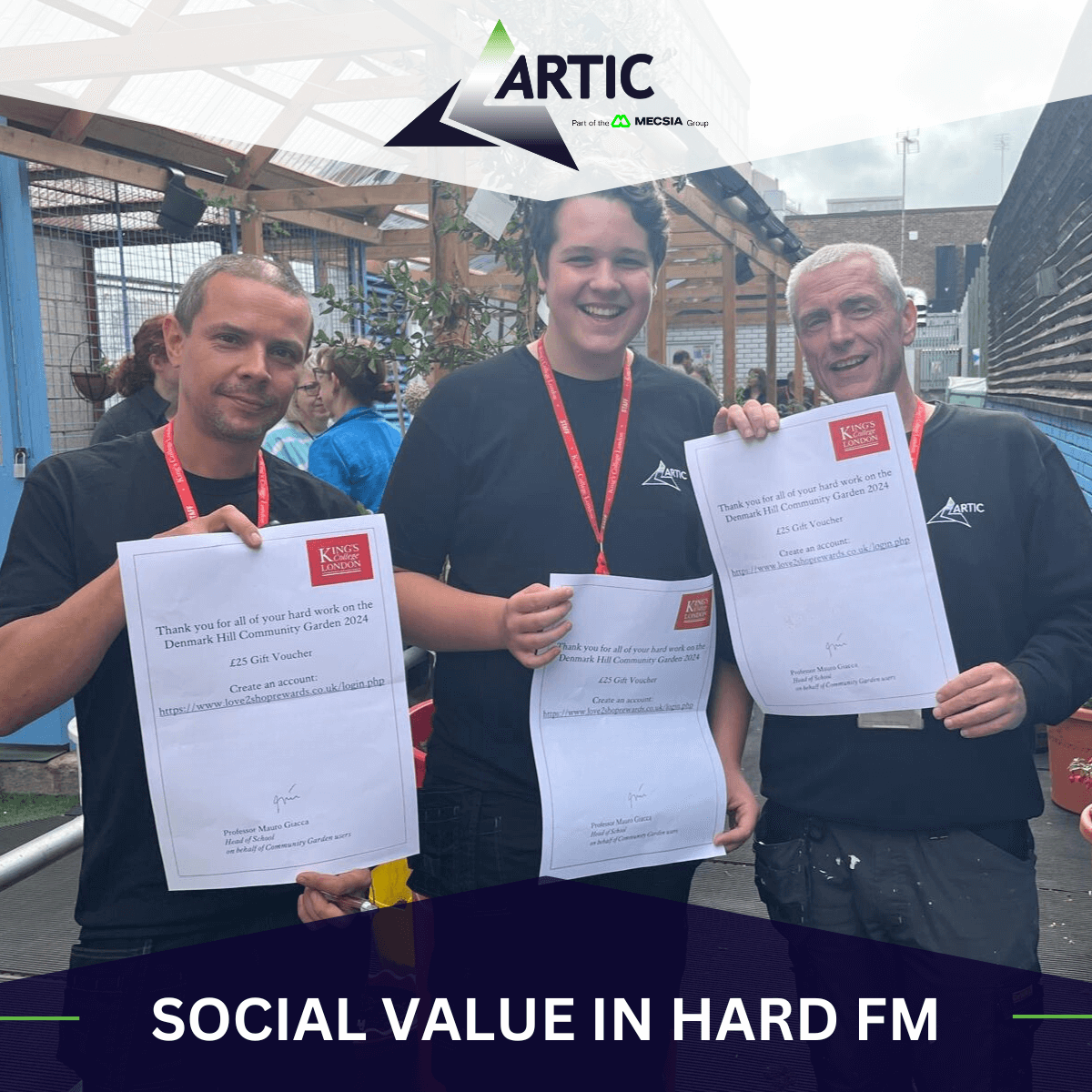 Social Value in Hard FM: 3 Artic Engineers holding gift vouchers received from a client for helping in a community project.